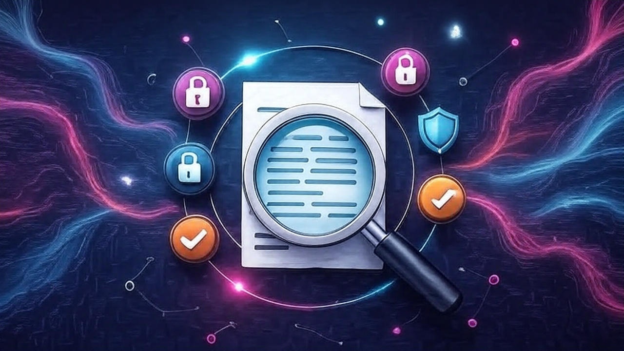 Magnifying glass examining a digital document surrounded by cybersecurity icons including locks, shields, and checkmarks, symbolizing data protection, secure file access, and online privacy in a futuristic neon tech background.